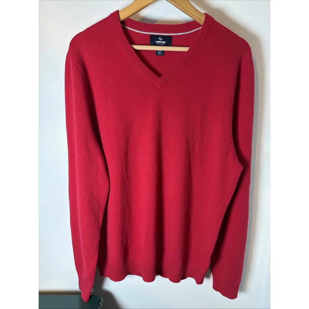 Lands End‎ Red 100% Cashmere V-Neck Mens Sweater Sz L Tall Classic Holiday